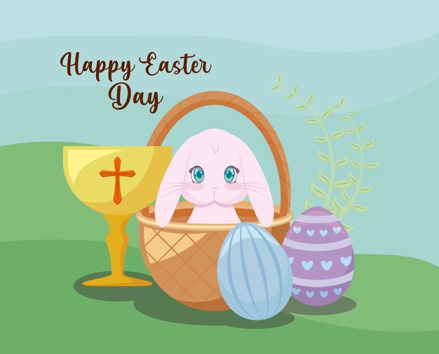 Happy easter day card with cute rabbit and chalice