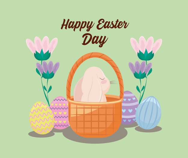 Happy easter day card with cute rabbit and eggs