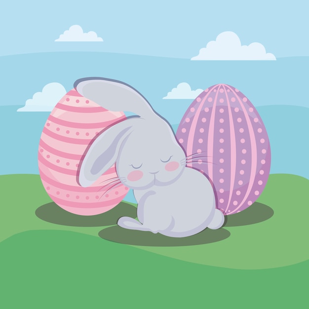 Счастливая пасхальная открытка с милым кроликом и яйцами