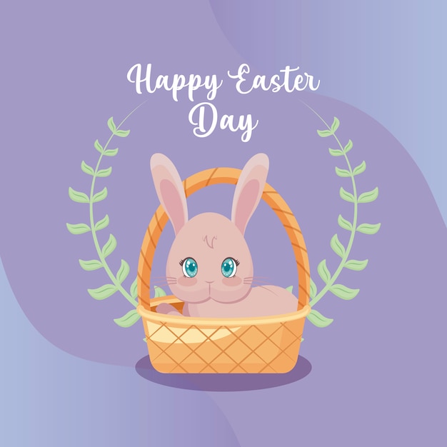 Happy easter day card with cute rabbit in wicker basket