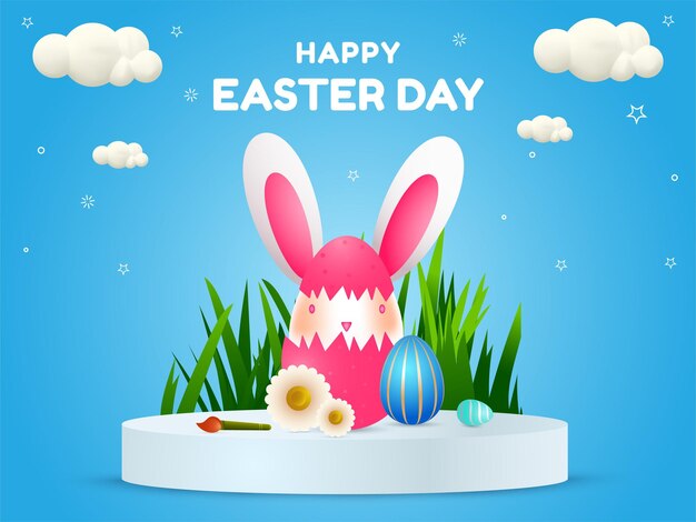 Vector happy easter day celebration background pedestal podium 3d vector design with baby bunny coming our from egg shell