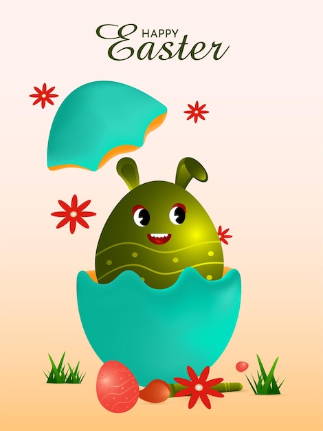 Vector happy easter day celebration background vector design with baby bunny coming our from egg shell