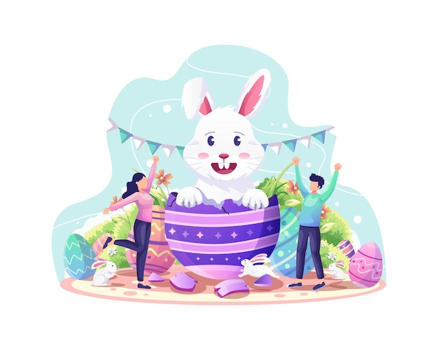 Happy Easter day celebration with a couple welcoming cute rabbit coming out egg easter