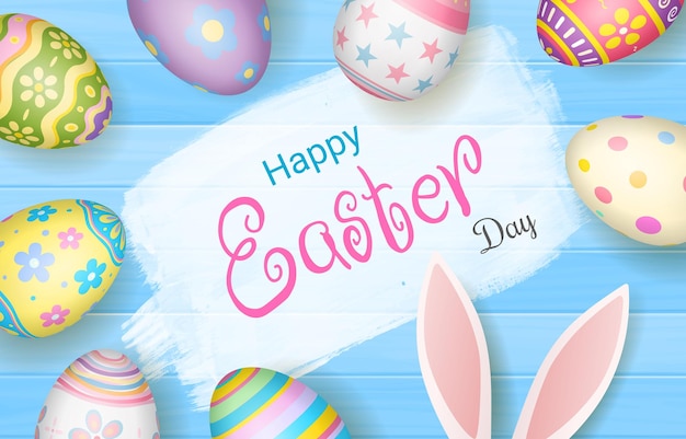 Vector happy easter day colorful egg on beautiful wood background top view with copy space