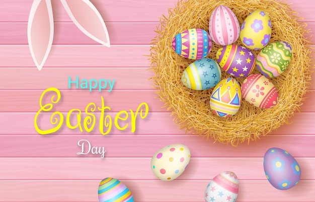 Happy easter day colorful egg in nest on beautiful wood background top view with copy space