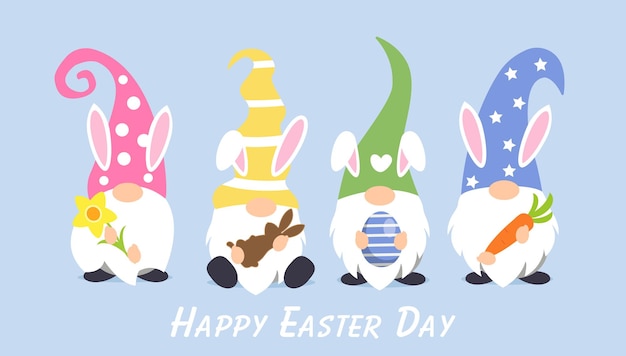 Vettore felice giorno di pasqua carino gnomi banner design illustrazione vettoriale