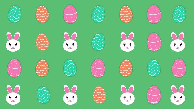 Vector happy easter day. cute rabbit with colorful eggs collection set on green. vector stock illustration.