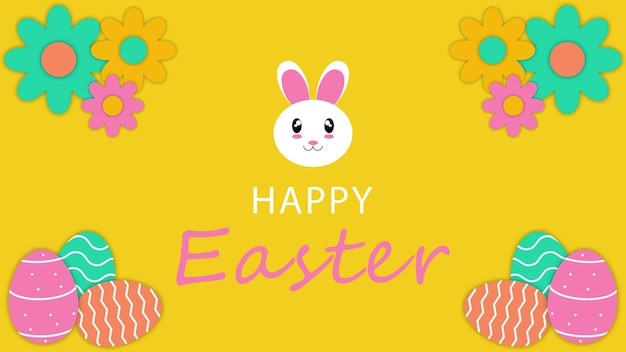 Happy Easter day. Cute rabbit with colorful eggs on yellow background. Vector stock illustration.