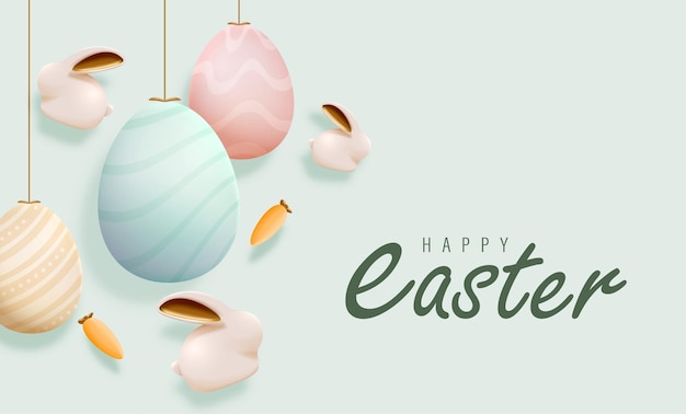 Happy easter day design met hangende geschilderde realistische ei schattig konijntje en wortel vectorillustratie