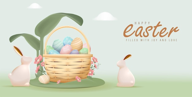 Happy Easter Day Design with Colorful Painted Realistic Eggs and Cute Bunny Egg Hunt Party