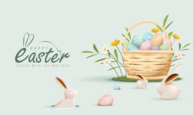 Happy Easter Day Design with Realistic Eggs in Basket and Cute Bunny in Pastel Color Background