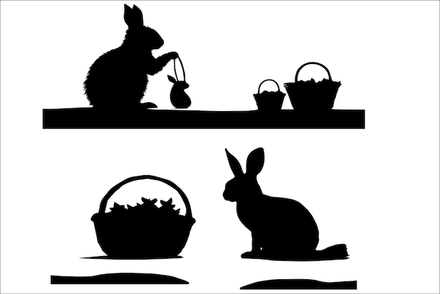 Set di silhouette di conigli e uova per la festa di pasqua