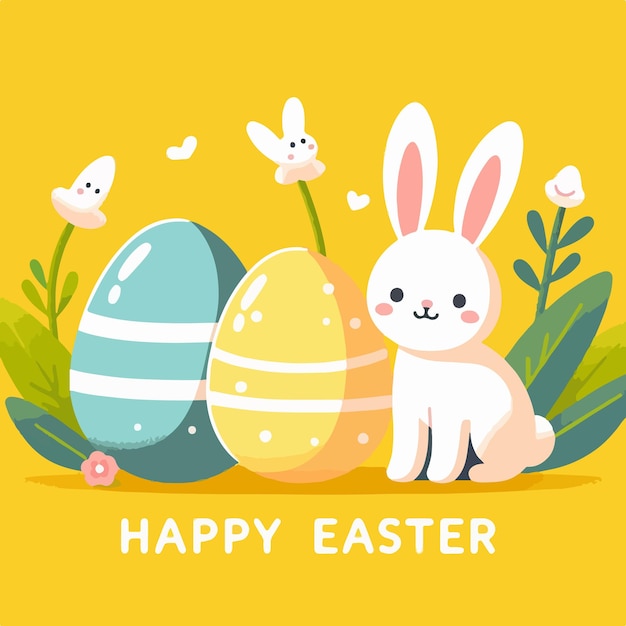 Felice giorno di pasqua illustrazione vettoriale piatta con coniglio concetto di uova belle