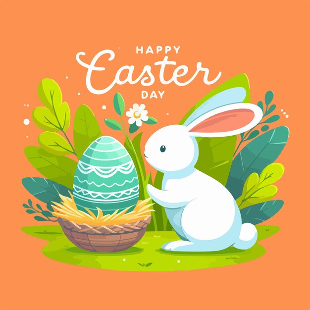 Happy easter day flat vector illustration with rabbit beautiful egg concept