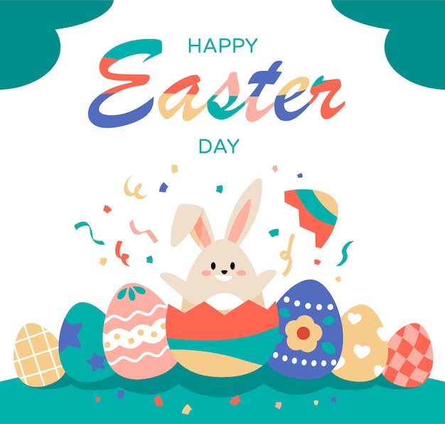 Happy easter day greeting card with bunny and painted eggs