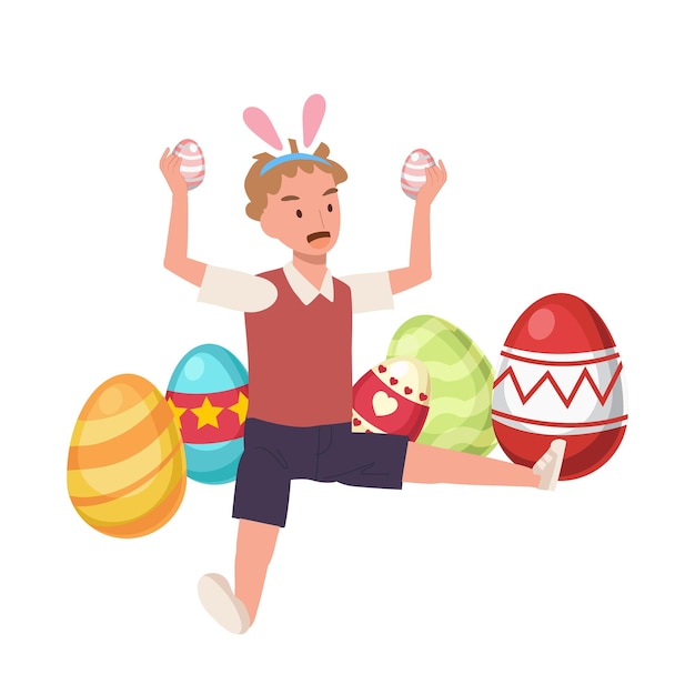 Happy Easter Day Happy Little boy with bunny ears is holding Easter egg in both hands while surrounding in another easter eggs Flat style vector illustration