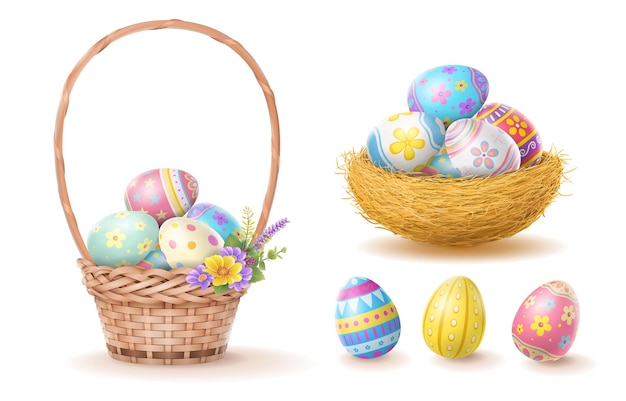 Happy easter day kleurrijke ei in mand en nest geïsoleerd op een witte achtergrond