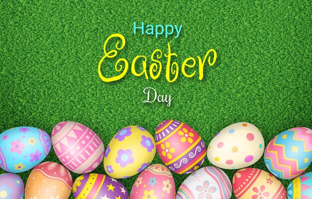 Happy Easter Day kleurrijke ei op gras achtergrond bovenaanzicht met kopie ruimte