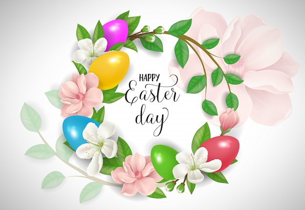 Happy Easter Day lettering in flower wreath. Easter greeting card.