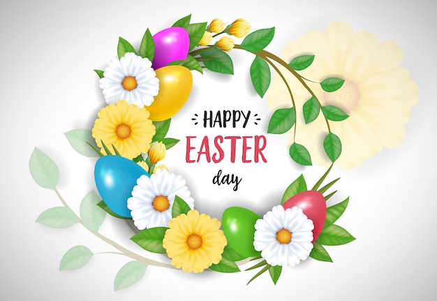 Happy Easter Day lettering in flower wreath. Easter greeting card. 