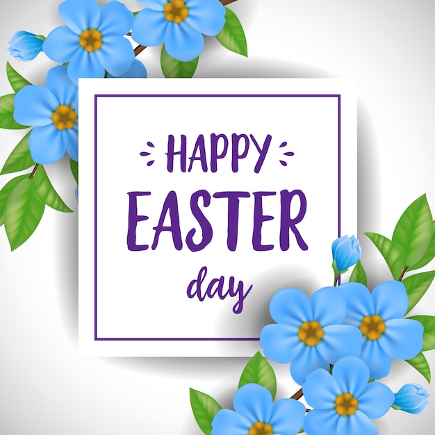 Happy easter day lettering in frame. easter greeting card with flowers.