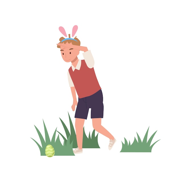 Happy easter day little boy with bunny ears is finding hunting an easter egg flat style vector illustration