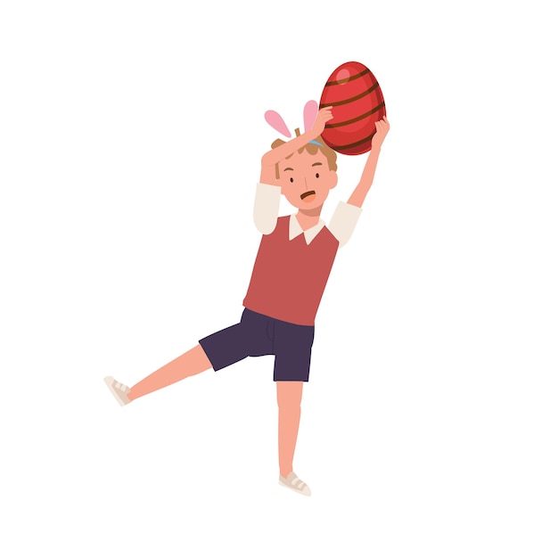 Happy Easter Day Little boy with bunny ears is happy to found a Big Easter egg holding big easter egg upper head Flat style vector illustration