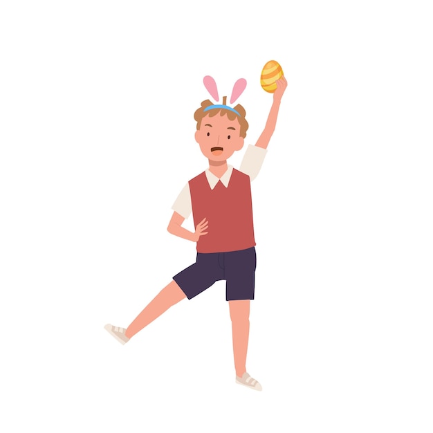 Happy Easter Day Little boy with bunny ears is happy to found an Easter egg Flat style vector illustration