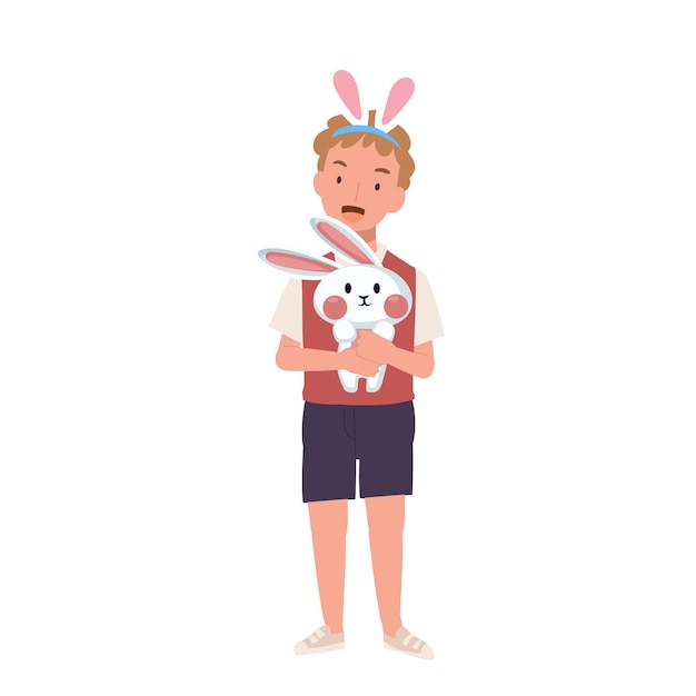 Happy Easter Day Little boy with bunny ears is holding hugging an adorable bunny Flat style vector illustration