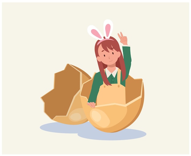 Happy easter day little girl with bunny ears in the egg shell flat style vector illustration