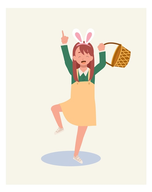 Happy Easter Day Little girl with bunny with and blank basket is ready to hunt easter egg Flat style vector illustration