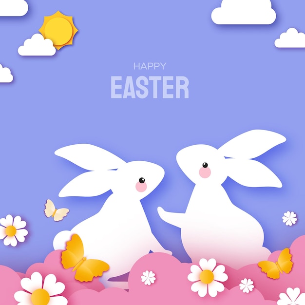 Happy Easter Day ontwerp wenskaart met schattige witte konijnen in papier knippen stijl. Konijntje met bloemen en vlinder. Voorjaarsvakanties in moderne stijl. Paaseieren zoeken met eieren zoeken. Lente tafereel. Vecto