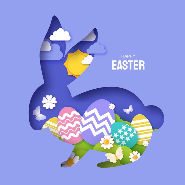 Buona pasqua in stile paper art. simpatico coniglietto e caccia alle uova. cornice a strati di coniglietto. biglietto di auguri, poster e carta da parati. colore molto peristrato. vettore