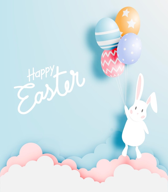 Happy easter day in paper art style with bunny and eggs