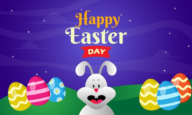 Happy easter day in paper style with colorful eggs and cartoon bunny