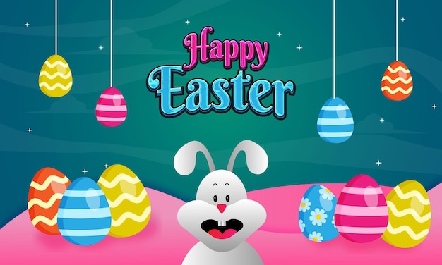 Happy easter day in paper style with colorful eggs and cartoon bunny