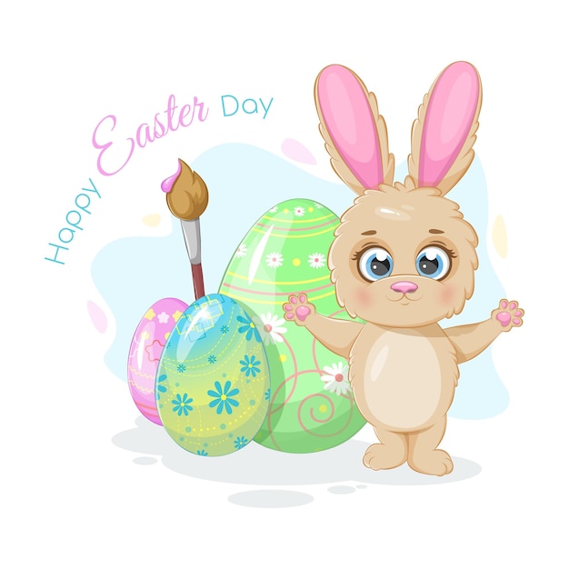 Cartolina felice giorno di pasqua con uova di coniglio e pennello
