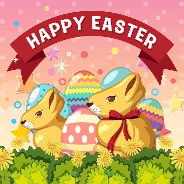 Дизайн плаката с днем пасхи с кроликом и красочными яйцами