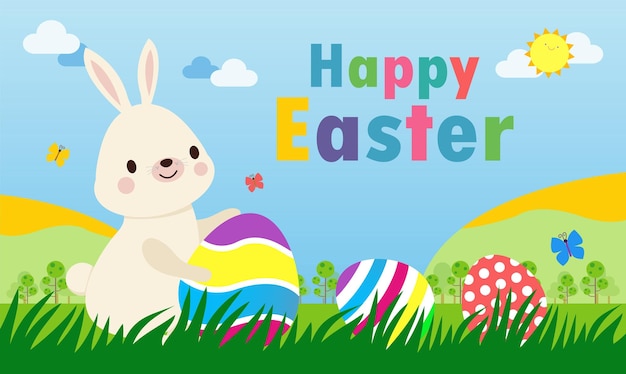 Счастливый пасхальный день плакат Little Rabbit Bunny мультяшный плоский дизайн с поздравительной открыткой пасхальное яйцо