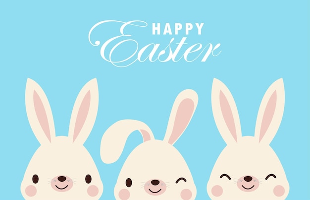 행복 한 부활절 날 포스터 작은 토끼 토끼 만화 평면 인사말 카드 부활절 달걀 축제