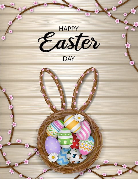 Vector happy easter day poster with colorful eggs in the nest