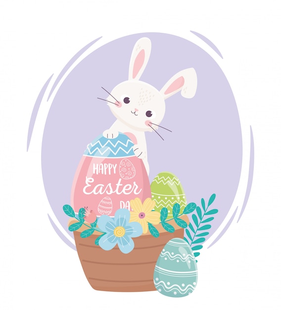 Happy easter day, rabbit eggs flowers leaves basket