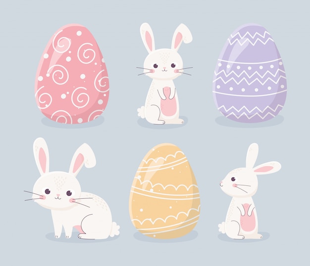 Happy easter day rabbits and eggs celebration icons