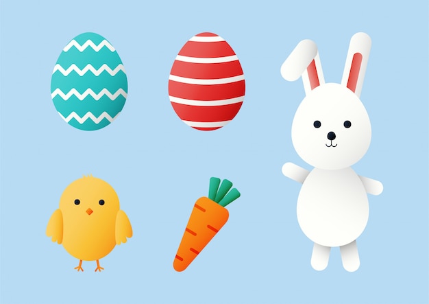 happy easter day set. cartoon character rabbits and chicks isolated on blue background.