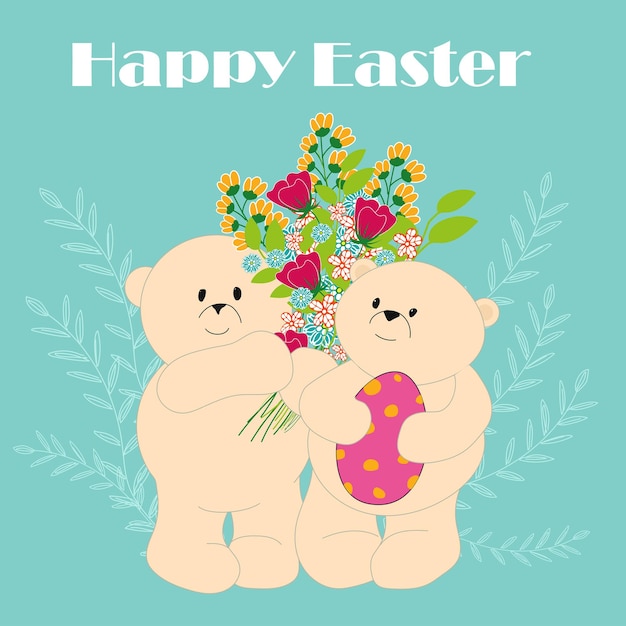 Happy easter day with bears holding colorful egg