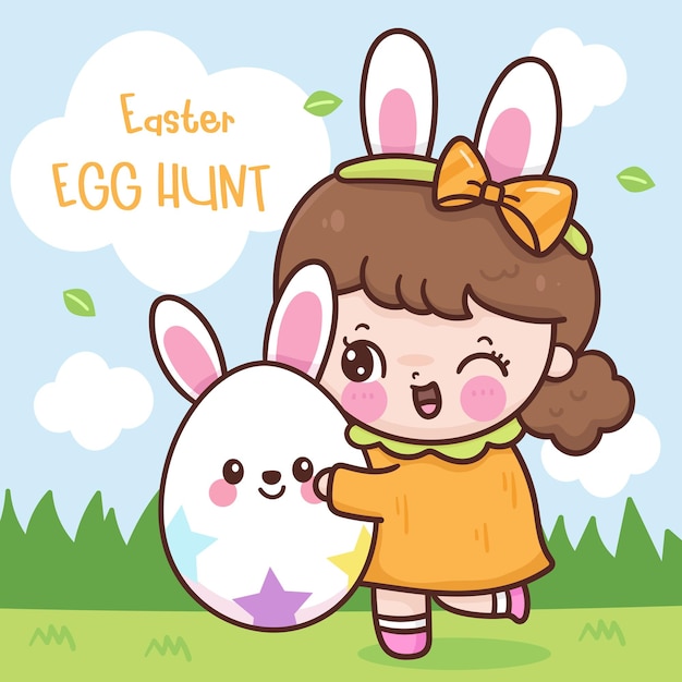 Vector happy easter day with bunny girl kid costume hug easter egg