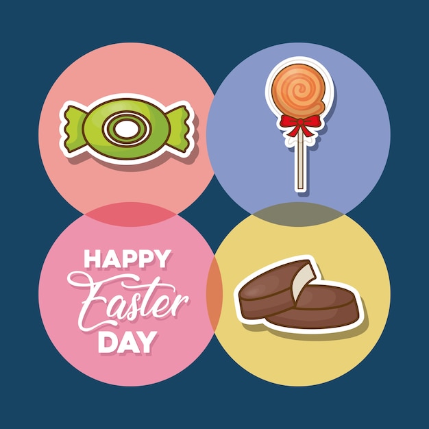 Happy easter day with candies icon set over colorful circles and blue background