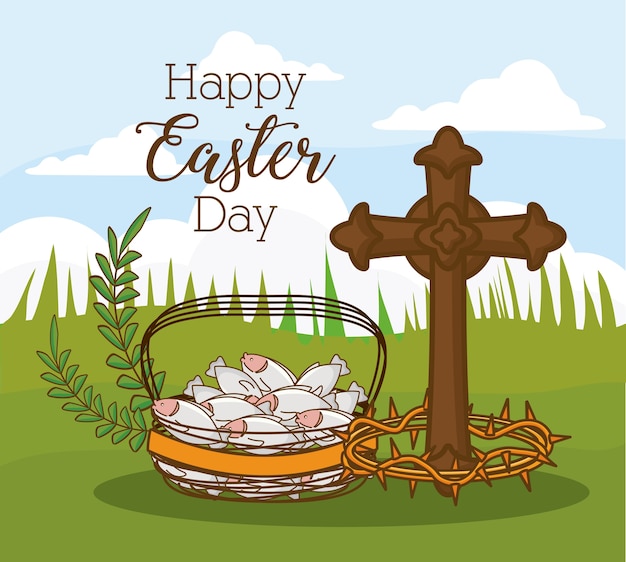 Happy easter day with cross and basket with fish over landscape background