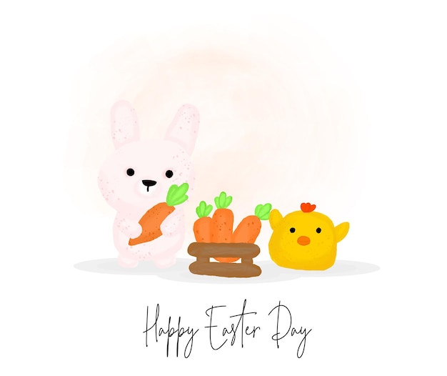 Happy easter day with cute rabbit and chick in cartoon style