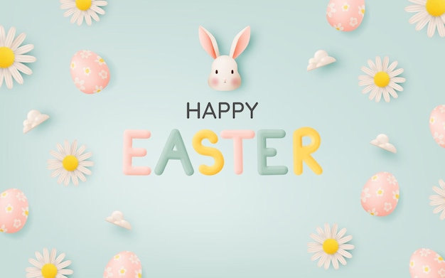 Счастливого пасхального дня с милым кроликом в пастельных тонах в стиле 3d-бумаги и множеством пасхальных яиц